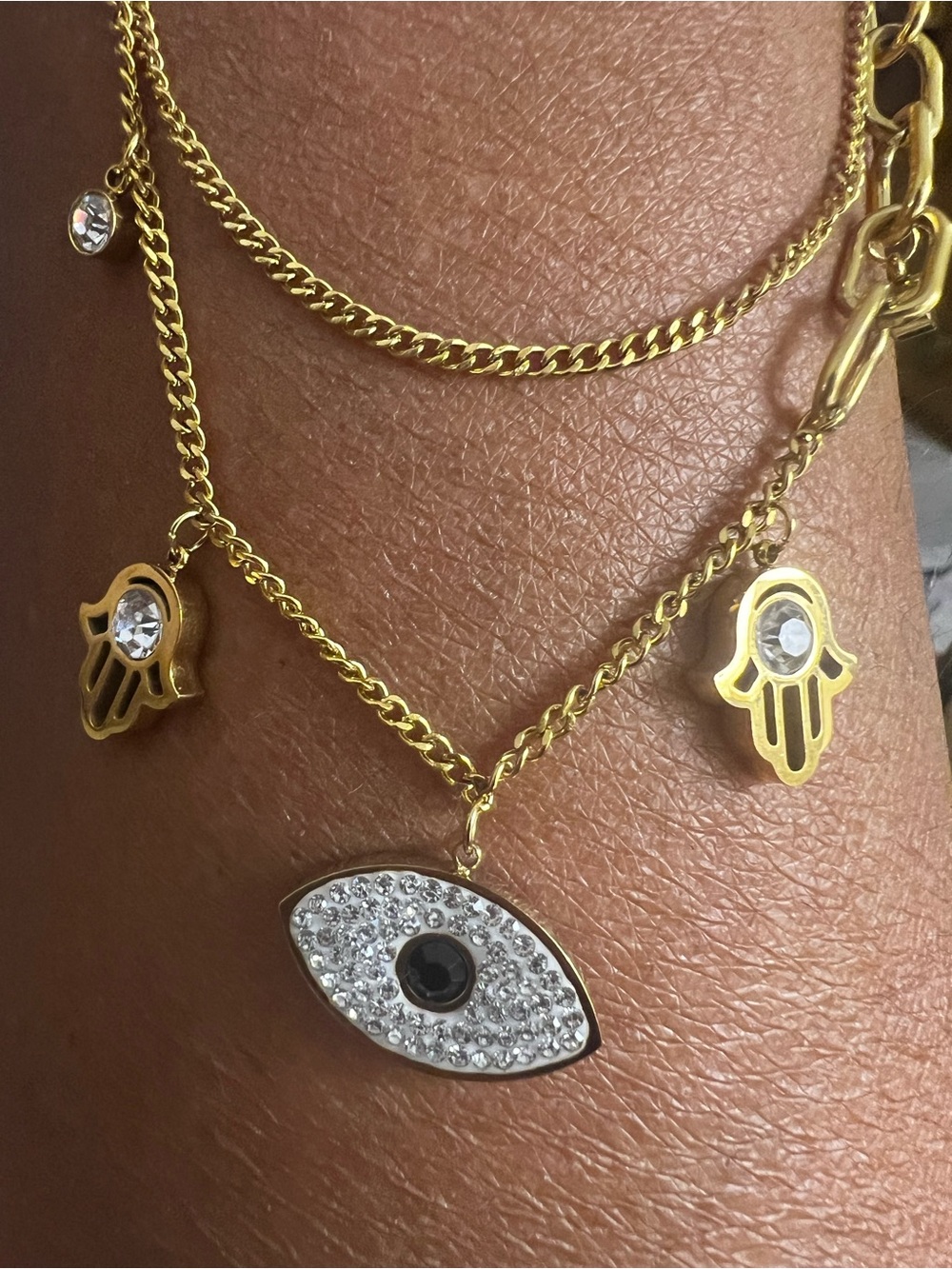 Gold Hamsa & Evil Eye Layered Charm Necklace